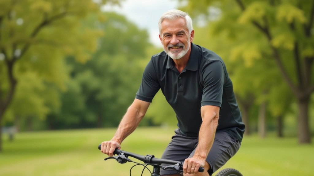 Starší muž v cyklistickém oblečení, sedící na trekingovém kole, ukazuje správnou pozici těla na kole