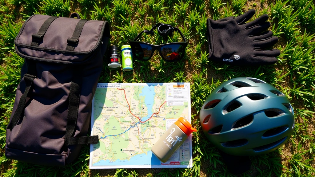 Rozložené cyklistické vybavení na trávě — helma, rukavice, láhev vody, slunečné brýle a taška s věcmi