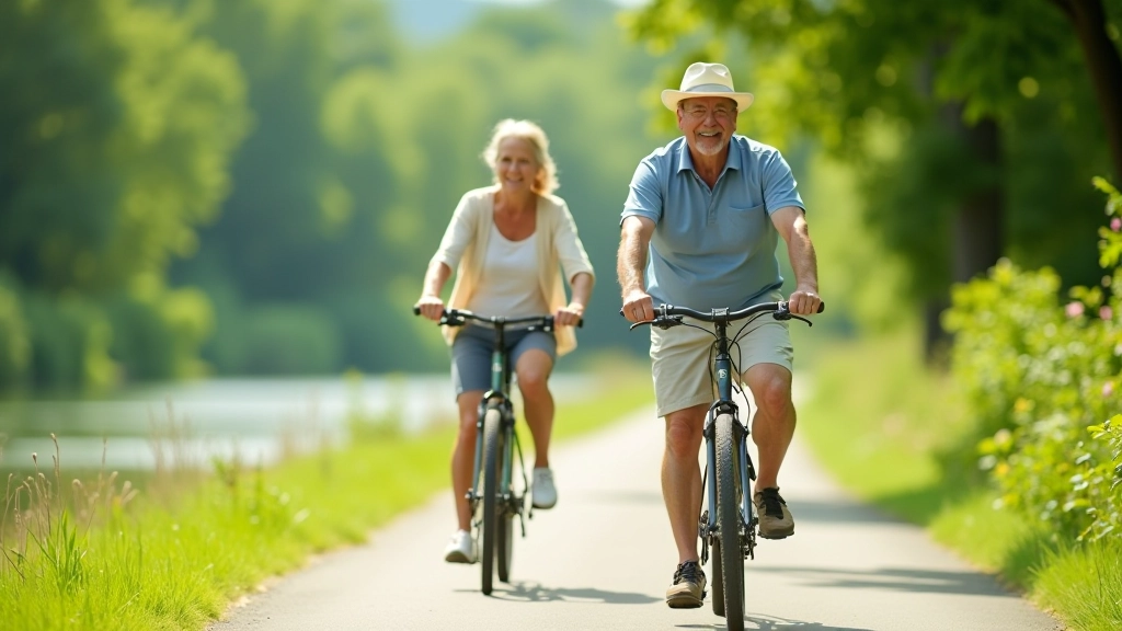 Starší pár na bicyklech podél řeky Bečvy v letním slunečném dni