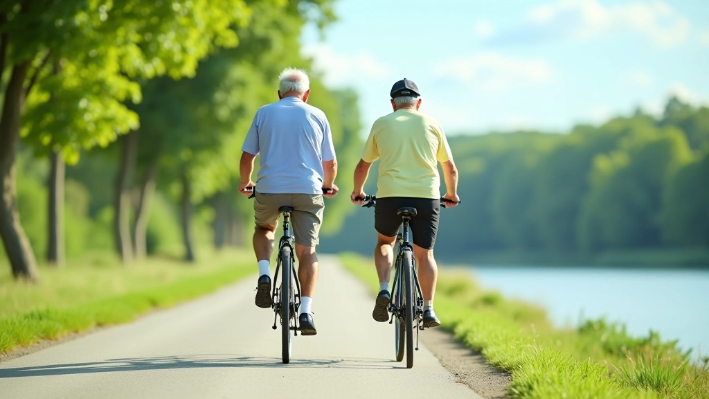 Senioři na bicyklech jedoucí po rovinaté cyklostezce podél řeky Bečvy v létě