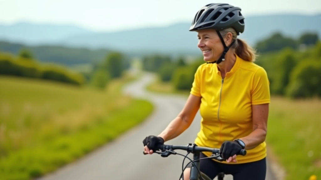 Starší žena v cyklistické helmě, oblečená v jasně barevném cyklistickém tričku, stojí se svým trekingovým kolem na krajinské cyklostezce